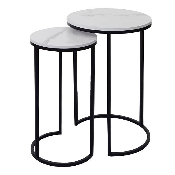 Mendler 2er-Set Beistelltisch HWC-K46, Kaffeetisch Nachttisch Loungetisch, Marmor-Optik MDF, weiß-schwarz, 94402