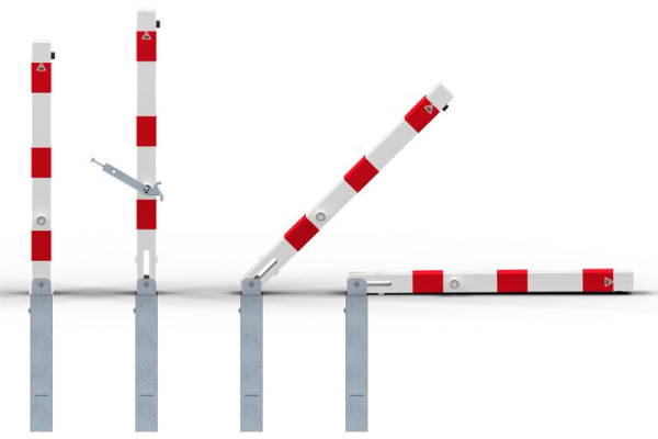 Schake Absperrpfosten Typ 470FUKH -umlegbar-, Hebe - Kipp - Mechanik, mit Dreikantverschluss, zum Einbetonieren, 70x70mm, mit 1 Öse, 470FUKH+1