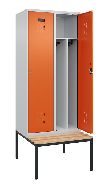 C+P Spind Evolo PLUS, 2 Abteile, 2120x800x815mm, 7035/2004, Haken 4, Zylinderschloss, Sitzfläche Buche-Hartholz, Sitzbank, Trennwand, 0490507-22F S10029