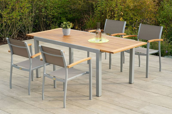 Merxx Naxos Set 5-teilig, 4 Naxos Stapelsessel, 1 Ausziehtisch 150 (200) x 90 cm, Aluminium mit Textilbespannung und FSC Akazienholz, 50651-309