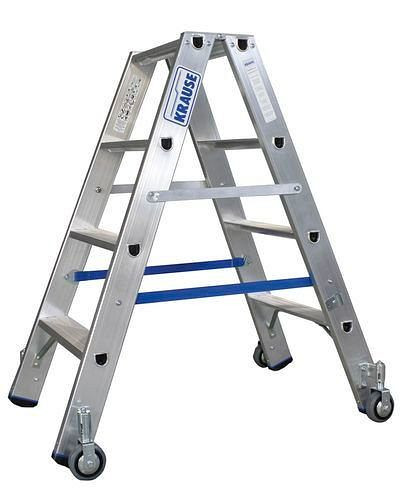 DENIOS Stufenstehleiter aus Aluminium, mit Fahrrollen, 2 x 4 Stufen, 156-900