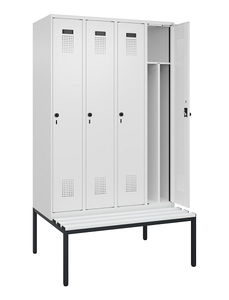 C+P Spind Evolo PLUS, 4 Abteile, 2120x1200x815mm, 9016/9016, Haken 4, Drehriegel, Sitzfläche Kunststoff, Sitzbank, 0490507-40F S10074