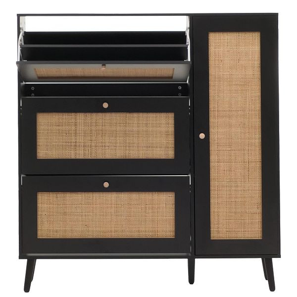 Mendler Rattan-Schuhkipper HWC-M37, Schuhregal Schuhschrank, 3 Kippfächer 2 Regalböden 127x120x24cm Holz Melamin, schwarz, 112895+112896