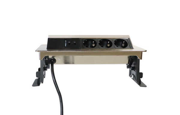 EVOline Steckdosenleiste Aluminium aufklappbar, 3 VDE Steckdosen 45°, 2 USB-Charger, Typ A, ohne Fräsung, VELDUSB0