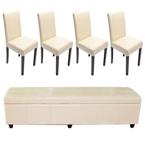 Mendler Garnitur Sitzgruppe Bank mit Aufbewahrung Kriens XXL+4 Stühle Littau, Leder, creme, 12047+7976+7976