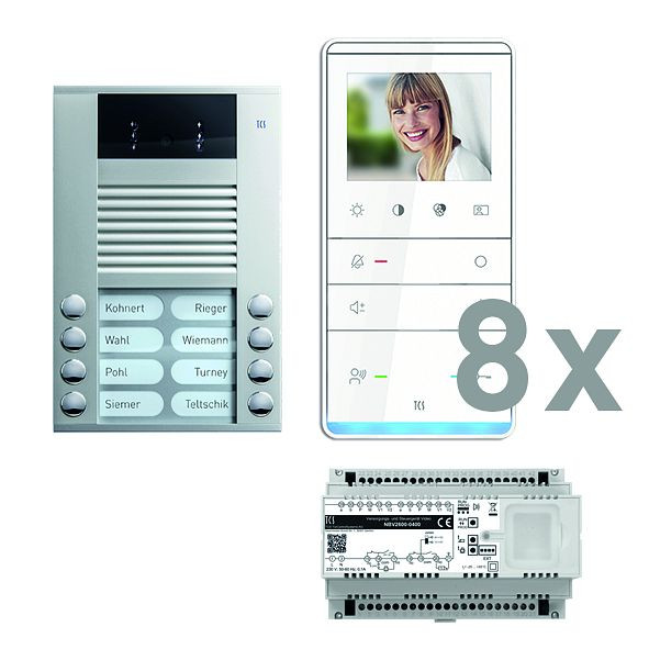 TCS Türkontrollsystem video:pack AP für 8 Wohneinheiten, mit Außenstation AVE 8 Klingeltasten, 8x Video Freisprecher IVW5111, Steuerung, PVE16080-0010