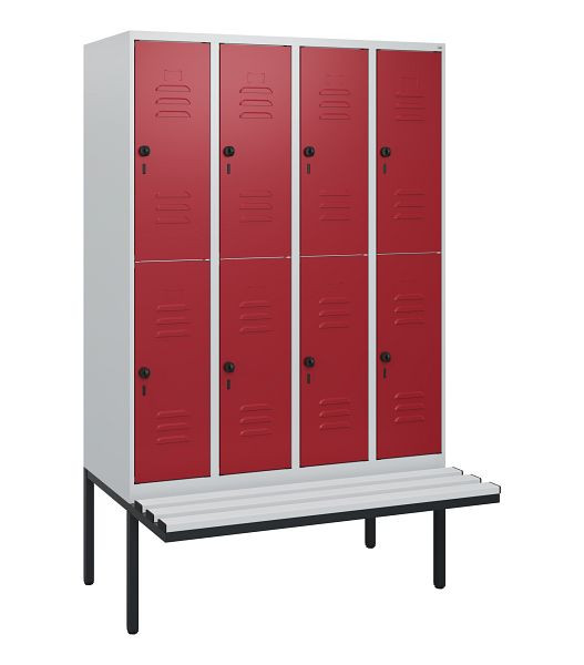 C+P Doppelstöckiger Spind Classic PLUS, 4 Abteile, 1950x1200x815mm, 7035/3003, Drehriegel, mit Untergestell und schwebender Sitzfläche, 0803405-40 S10061