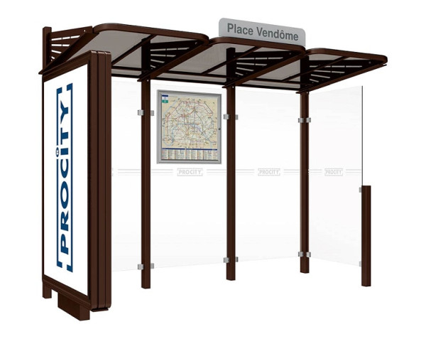Procity Wartehalle Convi® - Standard - 1 Beleuchteter Caisson Links + 1 Seitenverkleidung Rechts, Farbe RAL 8017, 529388.8017
