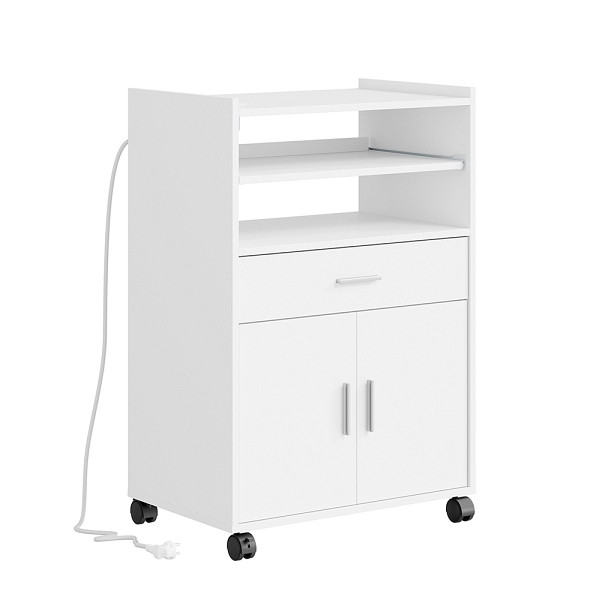 SoBuy Küchenwagen Weiß mit Schublade, Servierwagen mit Rollen und USB-Ladestation, aus Spanplatte, 61×40×92 cm, Tragkraft 60 kg, FSB09-E-W