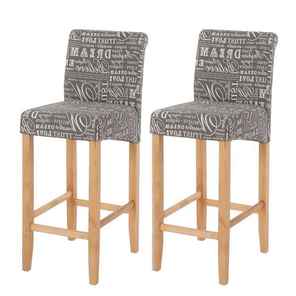 Mendler 2er-Set Barhocker HWC-C33, Barstuhl Tresenhocker, Holz, Schriftzug, grau, helle Beine, Stoff/Textil, 33722