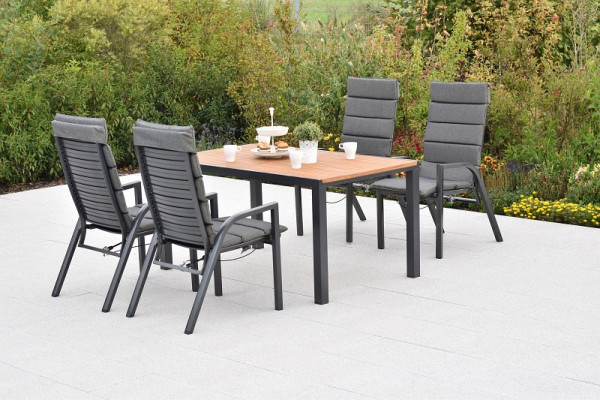 Merxx Siros Set 9-teilig, 4 Siros Sessel, verstellbar durch Gasdruckfeder, 4 Auflagen, uni grau, 1 Tisch, 150 x 90 cm, 50963-800