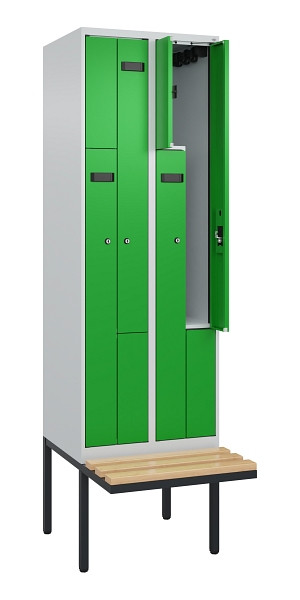 C+P Z-Spind Evolo PLUS, Bank, 4 Fächer, 2120x600x815mm, 7035/6037, Zylinderschloss, Sitzfläche Holz, 0490437-204 S10035