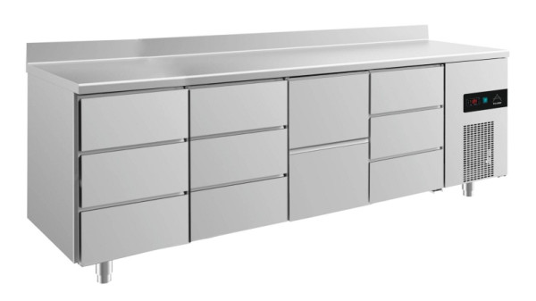 A&S Polarny Kühltisch -2 bis +8°C mit 1x zwei Schubladen mittig-rechts und 3x drei Schubladen, 2330 x 700 x 850 mm, mit Aufkantung, KT4DDZDA