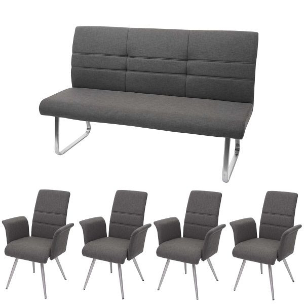 Mendler Set 4x Esszimmerstuhl+Sitzbank HWC-G55, Bank Küchenstuhl Stuhl+Armlehne, Stoff/Textil Edelstahl, grau-braun Bank 180cm, 73577+73578+2x71709