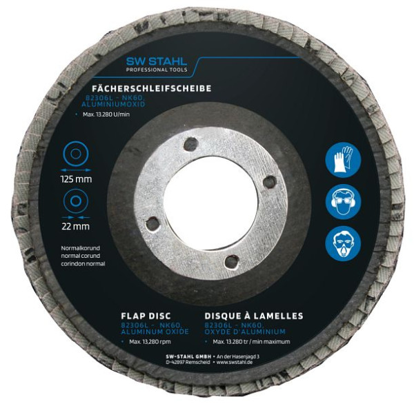 SW-Stahl Fächerschleifscheibe, Aluminiumoxid, 125 mm, NK60, VE: 10 Stück, 82306L