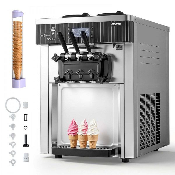 VEVOR Gewerbliche Eismaschine 2200W, 20-28 L/h, 2x6L Behälter, Vorkühlung, Selbstreinigung, LED-Display, Tischgerät, Silber, SYDJBQLJPTYLEN3J9001V2