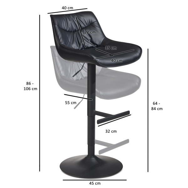Wohnling Barhocker Kunstleder Schwarz Hocker mit Lehne 86 - 106 cm, Höhenverstellbar 100 kg, Barstuhl mit Metall-Trompetenfuß, 45 x 55 x 106 cm, WL7.005