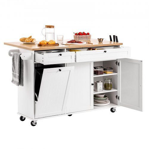 VEVOR Kücheninselwagen 153 cm mobil mit Rädern, Klappplatte, 2 Schubladen, Mülleimerschrank, Messerhalter, Gewürz- & Handtuchhalter, QFBYDKCFDBS2V66XA001V0
