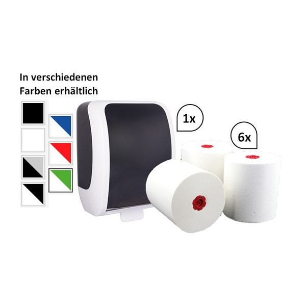 Blanc Hygienic SET: Handtuchrollenspender Autocut, Blanc Cosmos + 6 Handtuchrollen PREMIUM TAD, Farbe: schwarz/weiß, PS-htz100-FS-3150WS