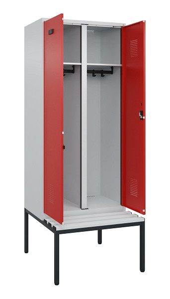 C+P Schwarz-Weiß-Spind Evolo PLUS, Bank, 2 Abteile, 2120x800x815mm, 7035/3020, Zylinderschloss, Sitzfläche Kunststoff, Sitzbank, 0490527-22 S10086