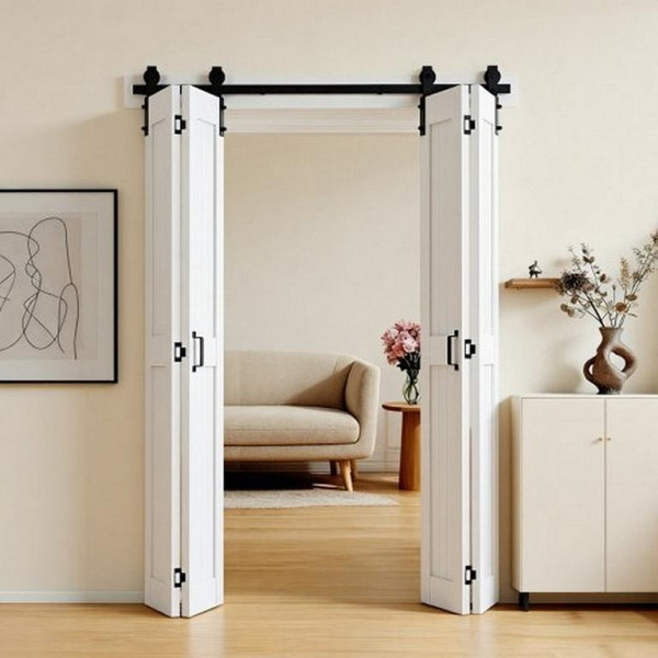 VEVOR Faltbare Schiebetür Scheunentor-Stil MDF 1524x2134mm mit Beschlagsatz, H-Rahmen, Vormontiert, Weiß für Wohn-/Schlafzimmer, MZBXHX6084INTFYT9001V0