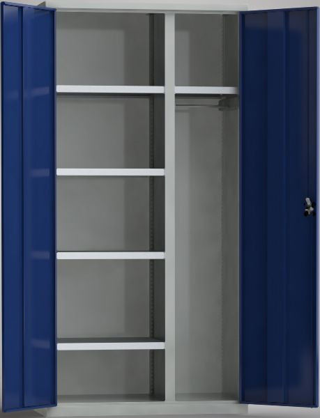 KLW Universalschrank 2000x1000x605mm, 1 Trennwand (links 2/3, rechts 1/3), 4 Fachböden links, Hutboden & Garderobenstange rechts, 7FN-NA2000TD-K204KRB