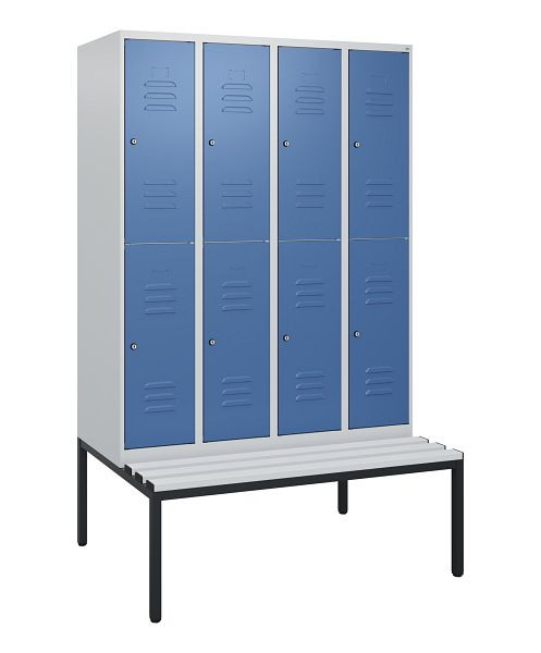 C+P Doppelstöckiger Spind Classic PLUS, 4 Abteile, 1950x1200x815mm, 7035/5023, Zylinderschlösser, mit untergebauter Sitzbank, 0803505-40 S10080