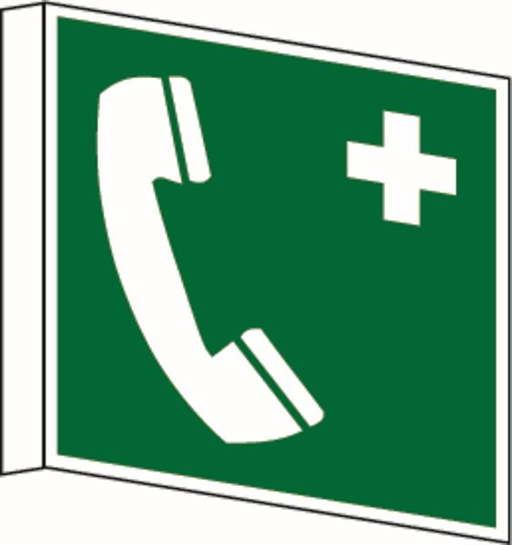 Schilder Klar Rettungszeichen Fahnenschild Notruftelefon DIN EN ISO 7010, 200x200x1 mm Kunststoff, 2938/42