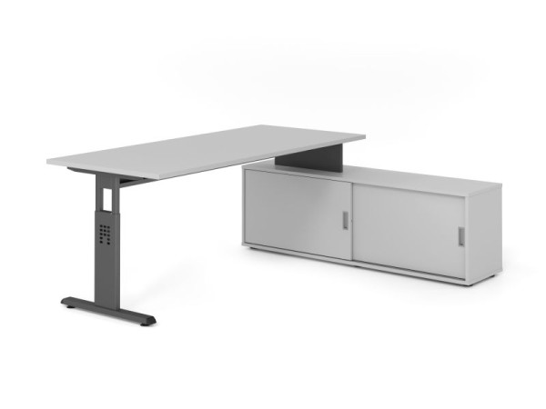 Hammerbacher Aufsatz-Schreibtisch OSE19, 180x80cm, Platte: Grau, 25mm dick, T-Fuß Gestell Graphit, Ahorn, SB/5/G/5/5, VOSE19SB/5/G/5/5