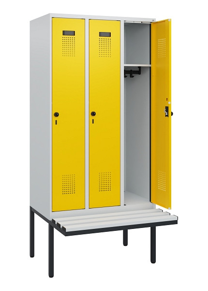 C+P Spind Evolo PLUS, 3 Abteile, 1950x900x815mm, 7035/1023, Drehriegel, Sitzfläche Kunststoff, 0490405-30 S10055