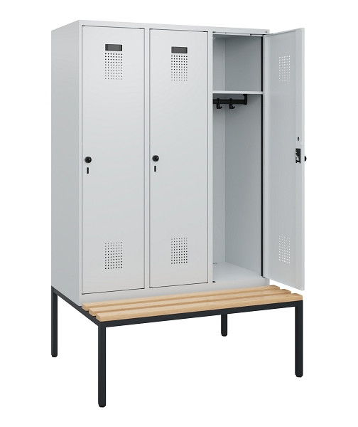 C+P Spind Evolo PLUS, 3 Abteile, 1950x1200x815mm, 7035/7035, Drehriegel, Sitzfläche Buche-Hartholz, Sitzbank, 0490505-32 S10013