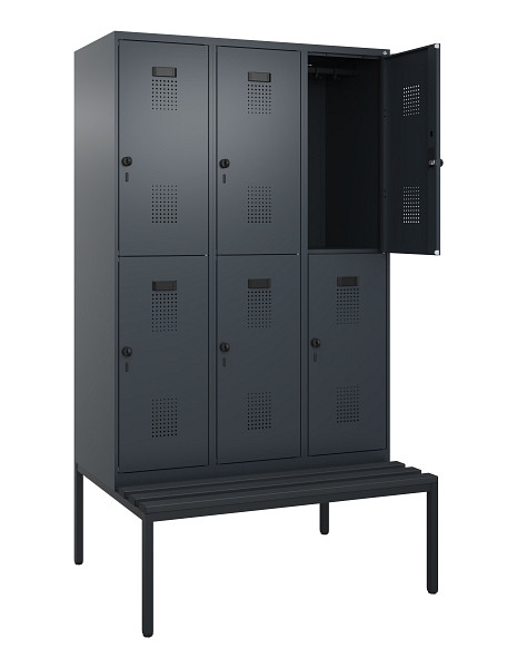 C+P Doppelstock-Spind Evolo PLUS, Bank, 6 Fächer, 2120x1200x815mm, 7016/7016, Drehriegel, Sitzfläche Kunststoff, Sitzbank, 0493507-32 S10097