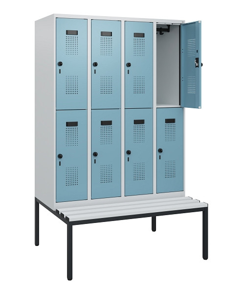C+P Doppelstöckiger Spind Evolo PLUS, Bank, 8 Fächer, 1950x1200x815mm, 7035/0010, Drehriegel, Sitzfläche Kunststoff, Sitzbank, 0493505-40 S10099