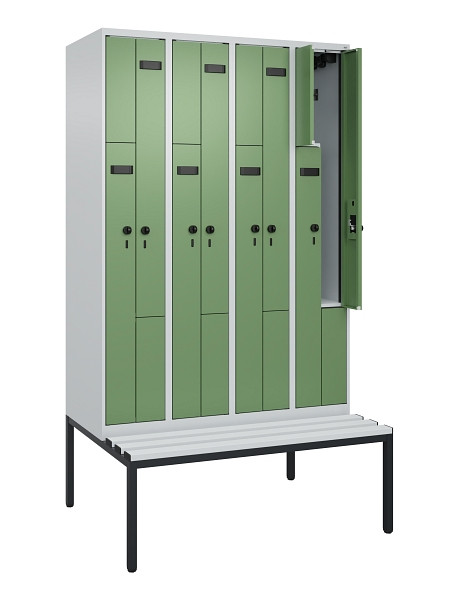 C+P Z-Spind Evolo PLUS, 8 Fächer, 2120x1200x815mm, 7035/6011, Drehriegel, Sitzfläche Kunststoff, Sitzbank, 0490537-408 S10064