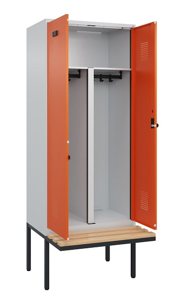 C+P PSA Doppel-Spind Evolo PLUS, Bank, 2 Abteile, 2120x800x815mm, 7035/2004, Drehriegel, Sitzfläche Holz, 0490427-22P S10002