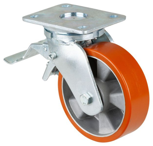 BS Rollen Schwerlastrolle mit Rad-/Feststeller, B50 mm, Ø160 mm, bis 600 kg, Fläche Guss-Polyurethan 95 Shore A, Aluminium, Kugellager, RR120.B90.160