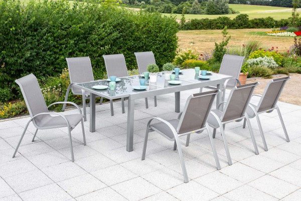 Merxx Amalfi Set 9-teilig, 8 Amalfi Stapelsessel, 1 Ausziehtisch 180 (240) x 100 cm, graue Glasplatte, silber/diamantbraun, 50338-330