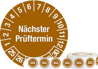 Produktbild von DENIOS Prüfplakette "Nächster Prüftermin", 25 - 30, braun, Folie, SK, 30 mm, VE: 1 Rolle à 1000 Stück, 290046 DENIOS Prüfplakette "Nächster Prüftermin", 25 - 30, braun, Folie, SK, 30 mm, VE: 1 Rolle à 1000 Stück, 290046