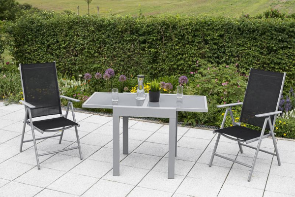 Merxx Amalfi Set 3-teilig, 2 Amalfi Klappsessel, Rückenlehne verstellbar, 1 Ausziehtisch 65 (130) x 65 cm, silber/schwarz, 50351-317