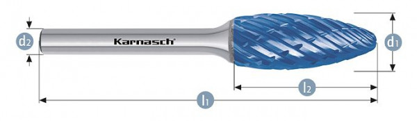 Karnasch Hartmetall-Frässtift Blue-Tec beschichtet Flamme/HP-8 d1= 8 / l2= 20 / d2= 6 / l1= 65mm, VE: 2 Stück, 116048015