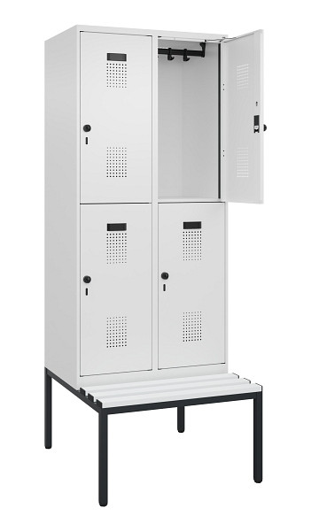 C+P Doppelstock-Spind Evolo PLUS, Bank, 4 Fächer, 2120x800x815mm, 9016/9016, Drehriegel, Sitzfläche Kunststoff, Sitzbank, 0493507-22 S10101