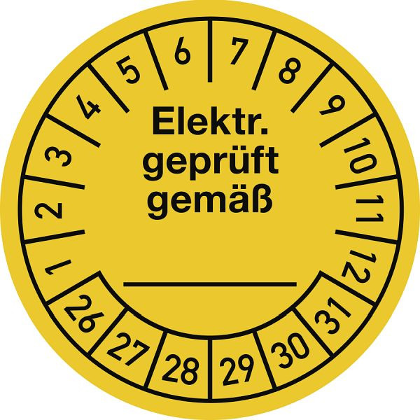Moedel Prüfplakette Elektr. geprüft gemäß 2026-2031, Dokumentenfolie, Ø 30 mm, VE: 10 Stück/Bogen, 107219
