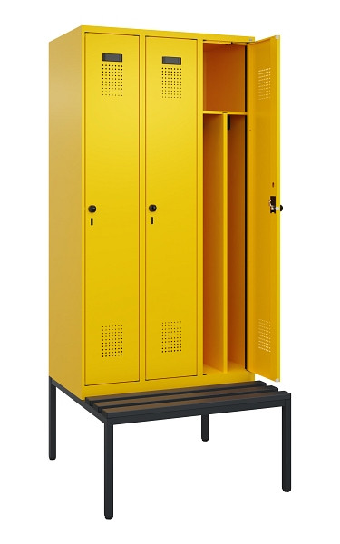 C+P Spind Evolo PLUS, 3 Abteile, 2120x900x815mm, 1023/1023, Haken 4, Drehriegel, Sitzfläche Kunststoff, Sitzbank, 0490507-30F S10076