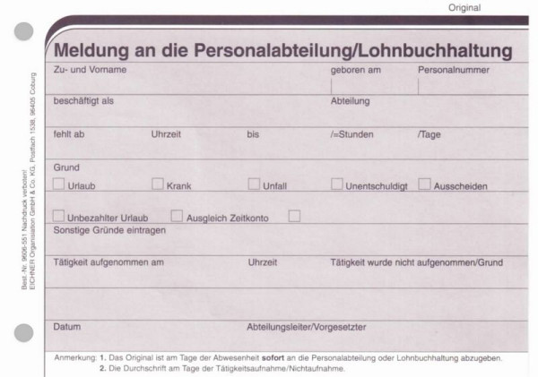 Eichner Arbeits-Ausfall-Meldung, VE: 50 Stück, 9606-00551