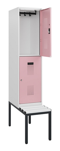 C+P Doppelstöckiger Spind Evolo PLUS, Bank, 2 Fächer, 1950x400x815mm, 9016/3015, Zylinderschloss, Sitzfläche Kunststoff, Sitzbank, 0493505-12 S10153