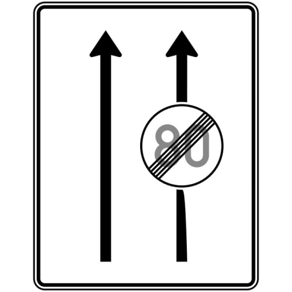 Stein HGS Fahrstreifentafel ohne Gegenverkehr, RA1/Alform, ohne Entfernungsangabe, 1600x1250mm, 2 Streifen in Fahrtrichtung, 1 Streifen Ende Höchstgeschwindigkeit, 537-30-112