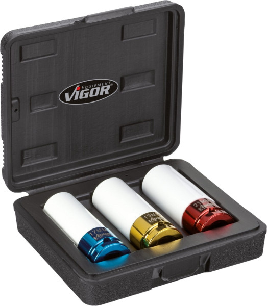 VIGOR Schlagschrauber Steckschlüsseleinsatz Satz, Vierkant hohl 12,5 mm (1/2 Zoll), Außen-Sechskant Profil, Anzahl Werkzeuge: 3, V2522