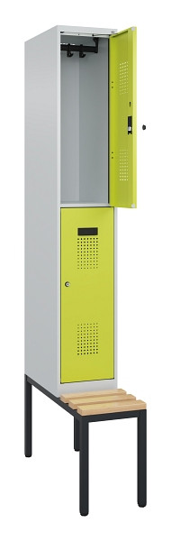 C+P Doppelstock-Spind Evolo PLUS, Bank, 2 Fächer, 2120x300x815mm, 7035/0024, Zylinderschloss, Sitzfläche Buche-Hartholz, Sitzbank, 0493507-10 S10042
