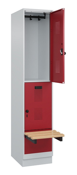 C+P Doppelstock-Spind Evolo PLUS, Bank, 2 Fächer, 1950x400x815mm, 7035/3003, Drehriegel, Sitzfläche Buche-Hartholz, mit Sockel, 049340-12 S10004
