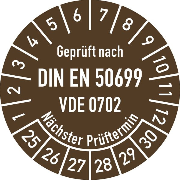 Moedel Prüfplakette DIN EN 50699 Nächster Prüftermin, 2025-2030, Folie, Ø 30mm, VE: 10 Stück/Bogen, 108596